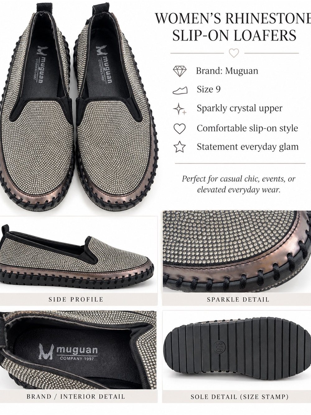 Men's Slip-On Rhinestone Loafers — Silver/Black